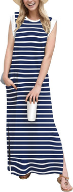 Coralie Women's Sleeveless Maxi Dress with Side Slit, Pockets & Wrinkle-Resistant Fabric