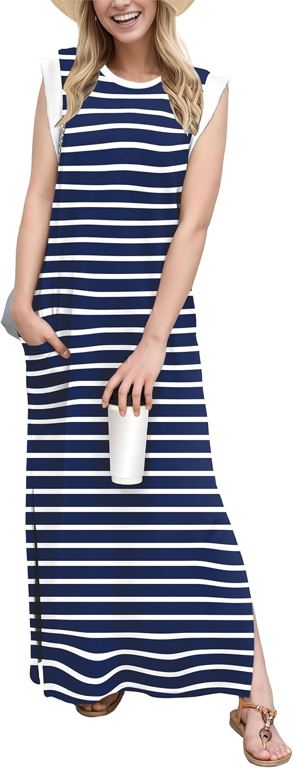 Coralie Women's Sleeveless Maxi Dress with Side Slit, Pockets & Wrinkle-Resistant Fabric