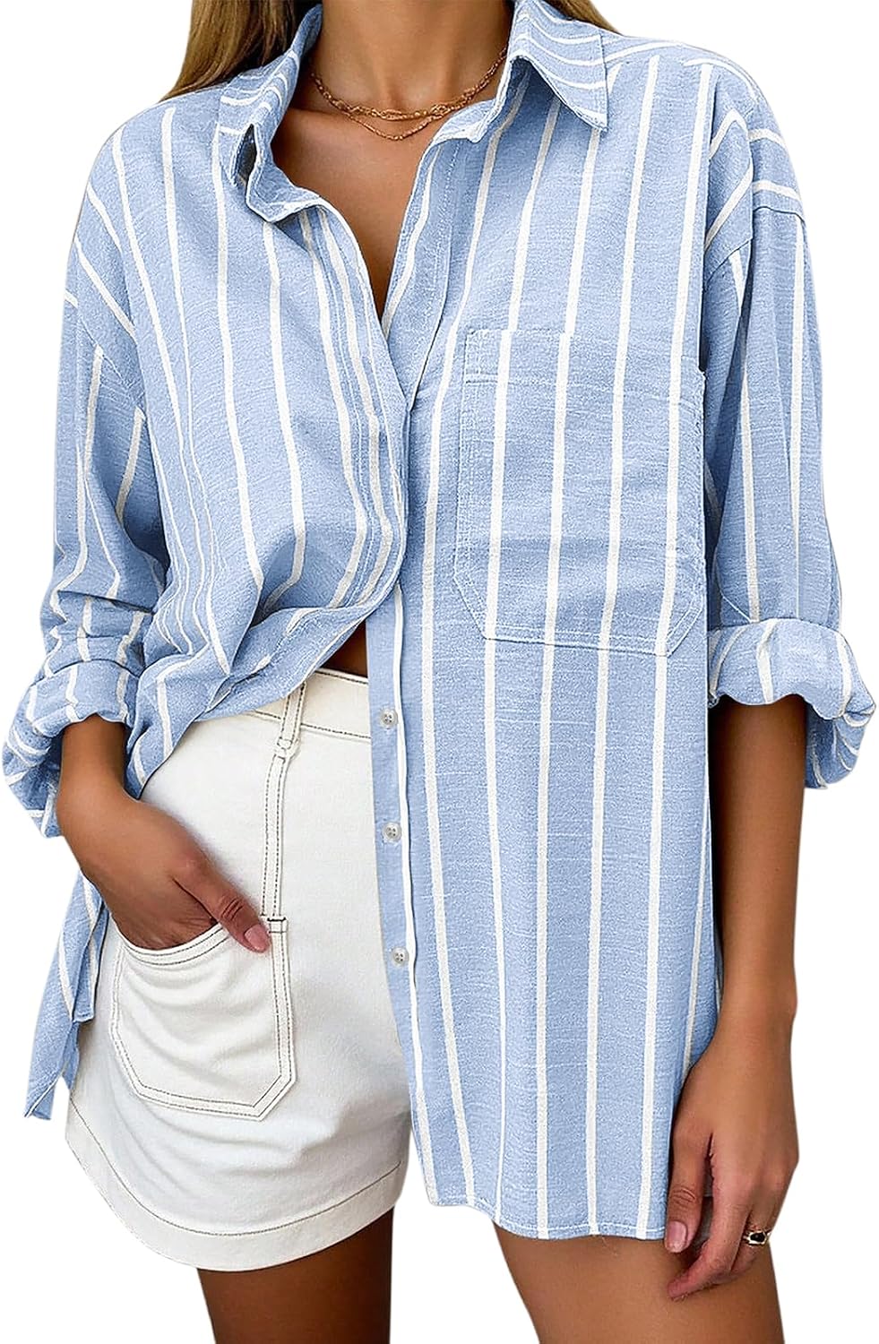 Kael - Oversized Striped Linen Button-Down Blouse with Chest Pocket and Relaxed Fit