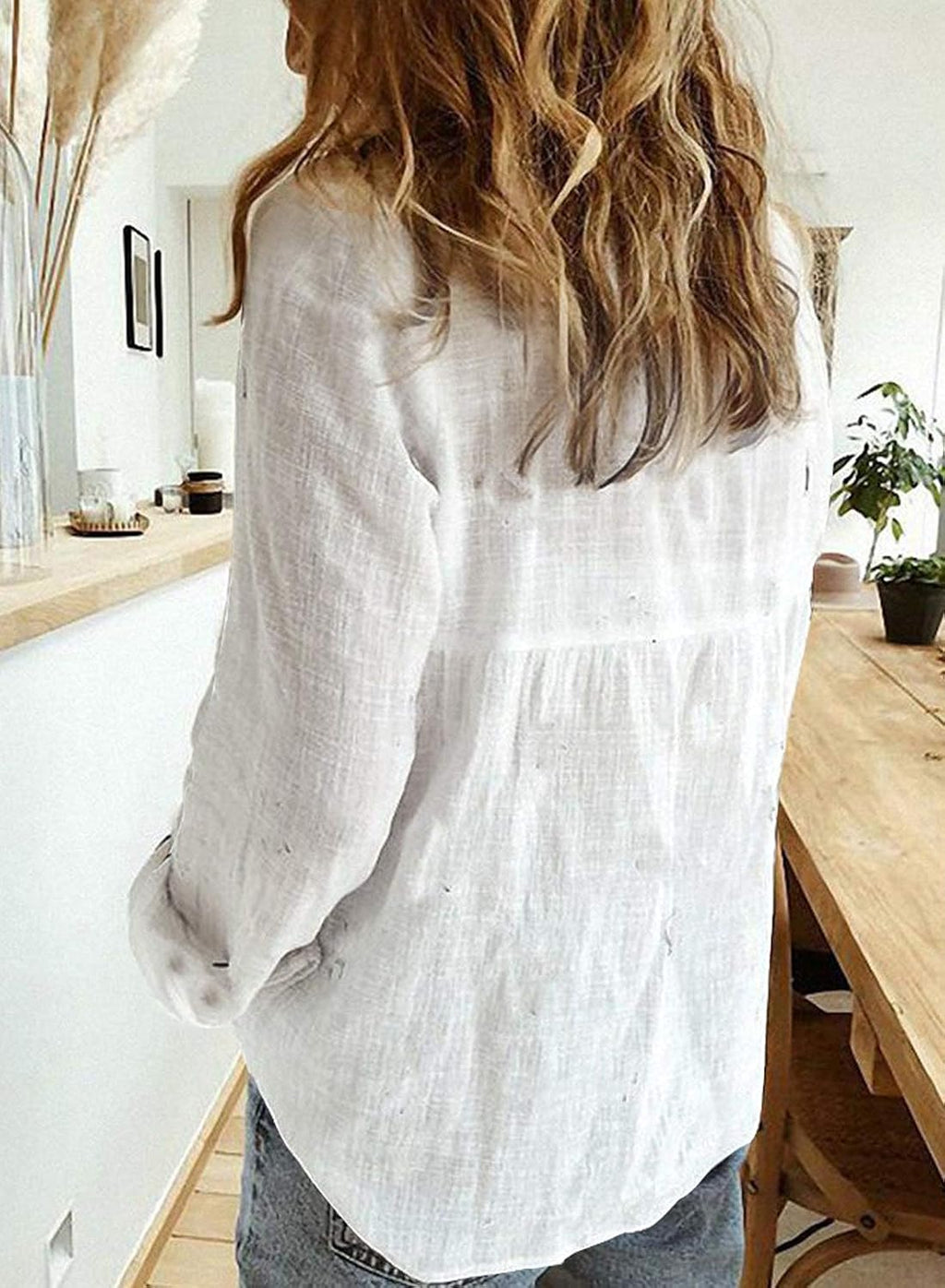 Astrid Linen Blend Roll-Up Sleeve Button-Down V-Neck Casual Women's Everyday Blouse