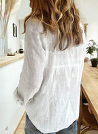 Astrid Linen Blend Roll-Up Sleeve Button-Down V-Neck Casual Women's Everyday Blouse