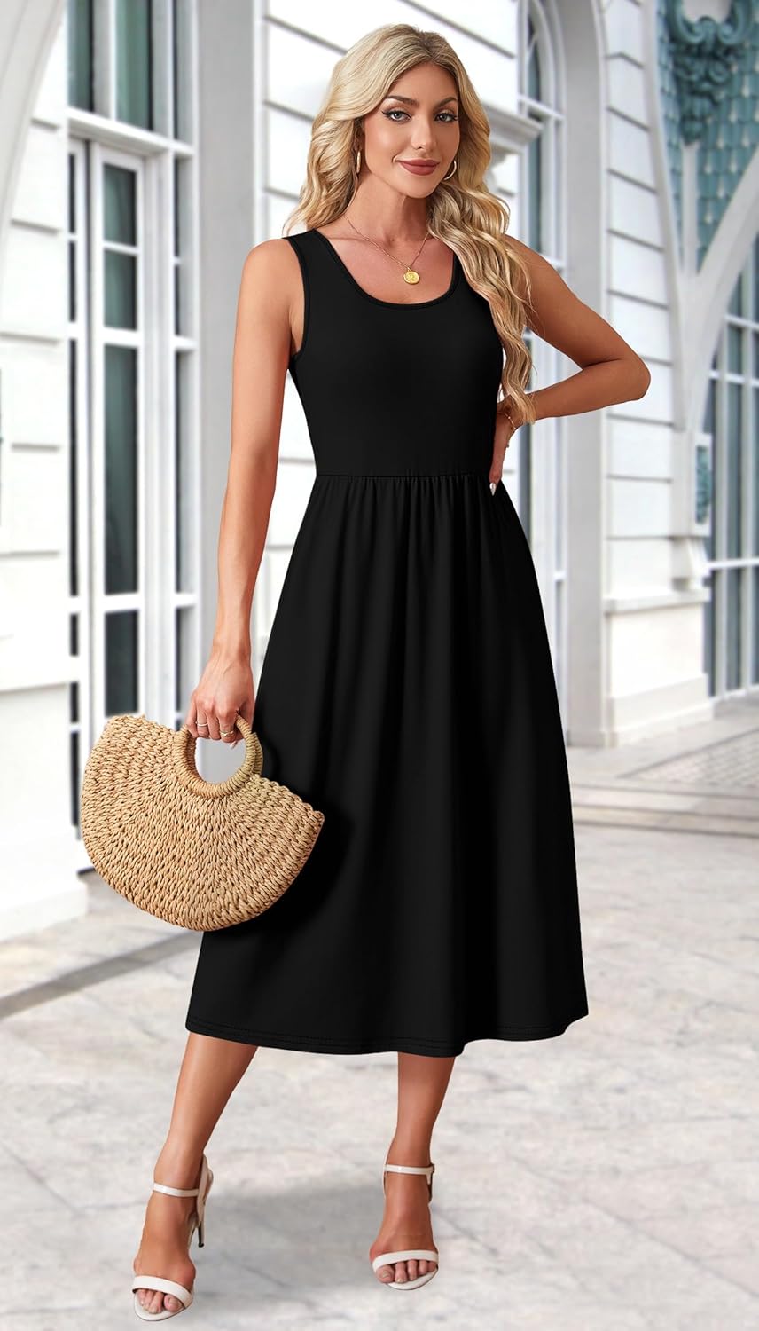 Maeve Women's Sleeveless Midi Dress with Empire Waist, Flowy A-Line Skirt & Side Pockets