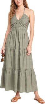 Soleia Women's Twist Halter Maxi Dress with Tiered Skirt, Cut-Out Detail & Pockets