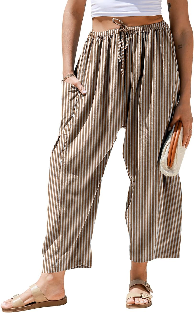 Blythe - Linen Blend Wide Leg Harem Pants with Gingham Check Drawstring Waist and Pockets