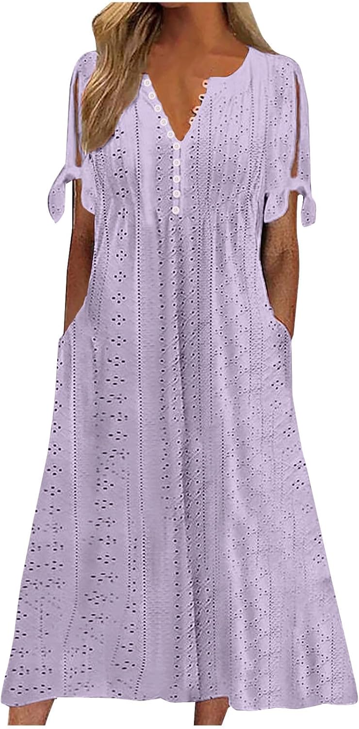 Elowyn Women's Eyelet Midi Dress with V-Neck, Decorative Buttons & Pockets