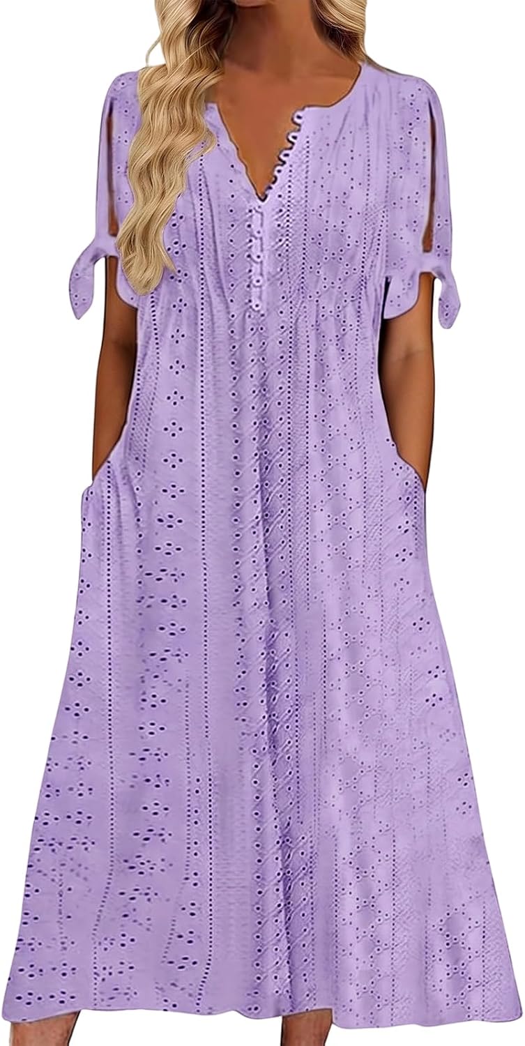 Maren Women's Eyelet V-Neck Maxi Dress with Tie Sleeves and Pockets