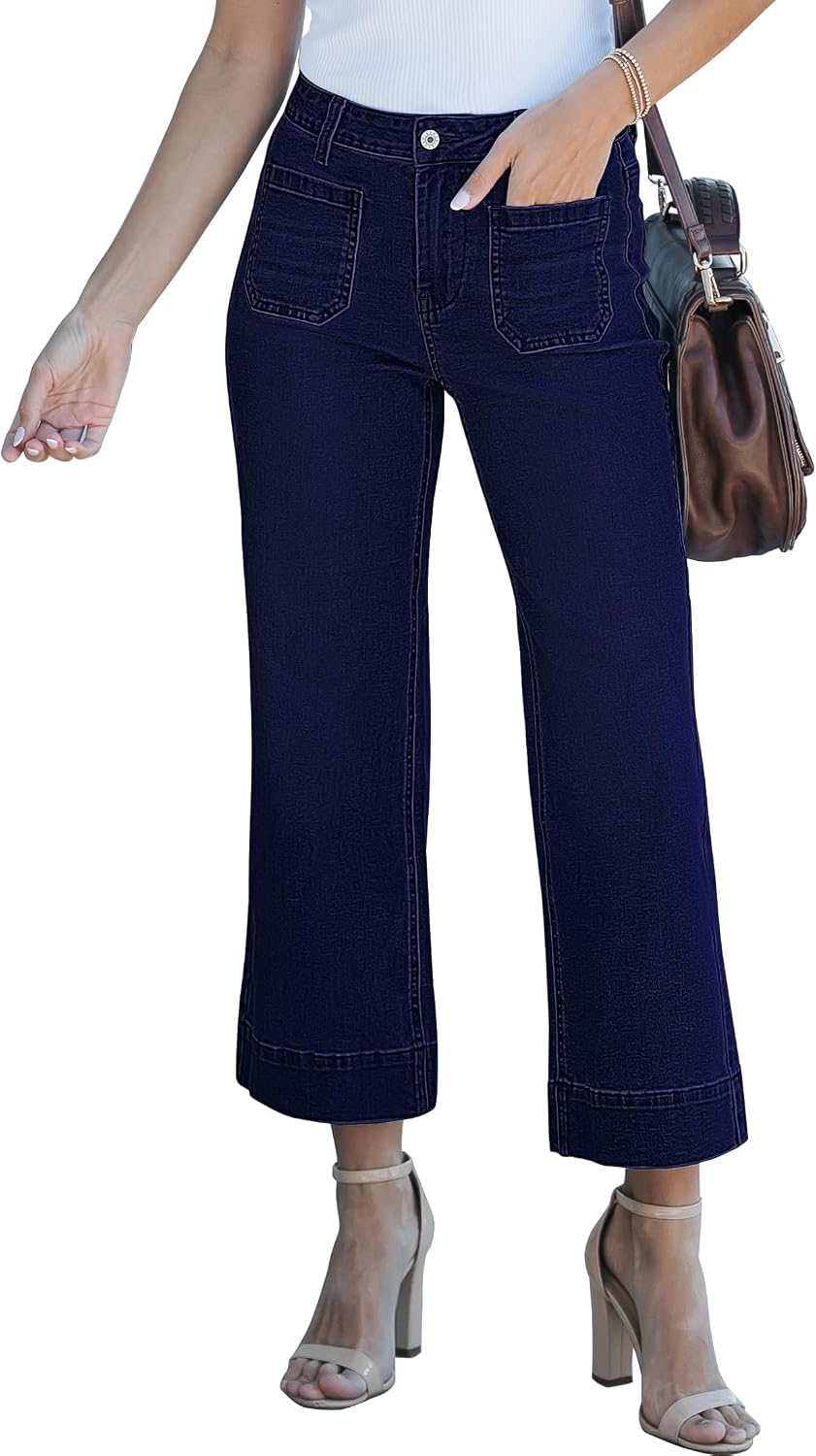 Corinne Women's High-Waisted Cropped Wide Leg Denim Jeans with Patch Pockets