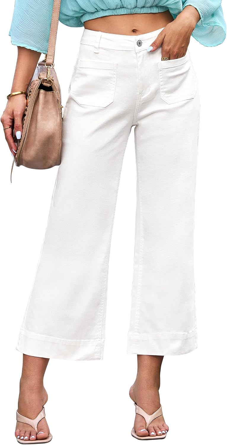 Corinne Women's High-Waisted Cropped Wide Leg Denim Jeans with Patch Pockets
