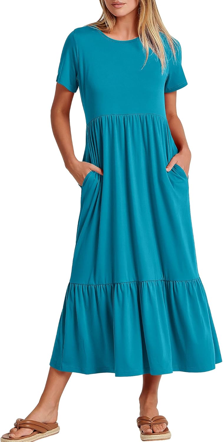 Brielle Women's Tiered Maxi Dress with Short Sleeves, Crew Neck & Side Pockets