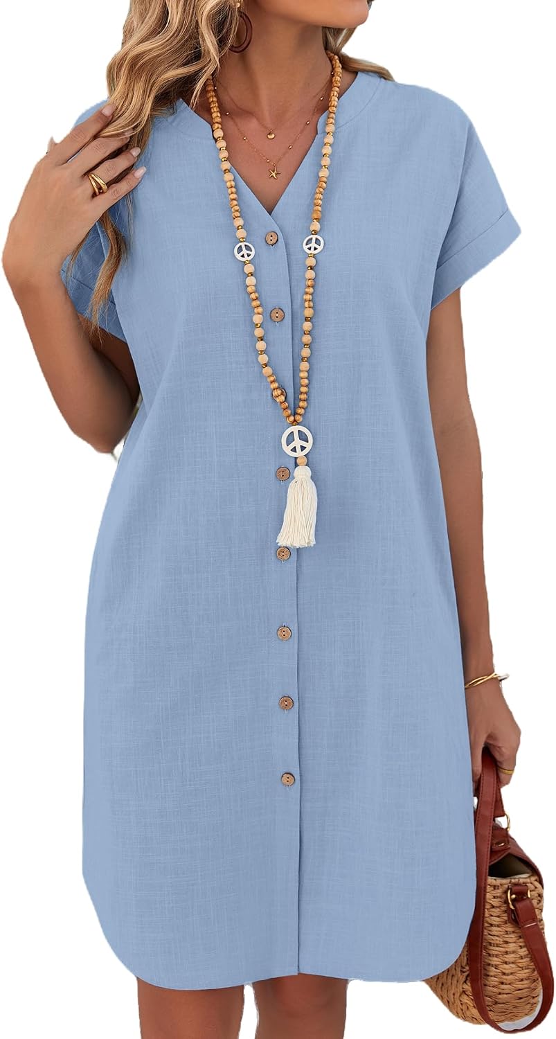 Isolde Cotton Linen Summer Shirt Dress with Short Sleeves, Buttons and Pockets