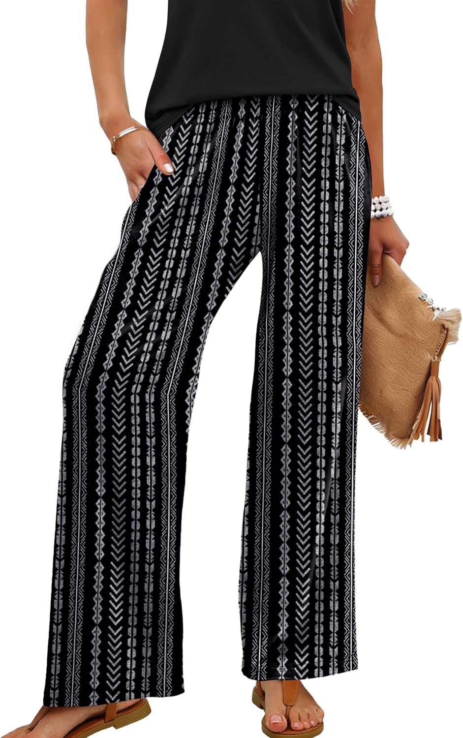 Evelyn - Bohemian Print Wide Leg Palazzo Pants with Elastic Waist and Side Pockets