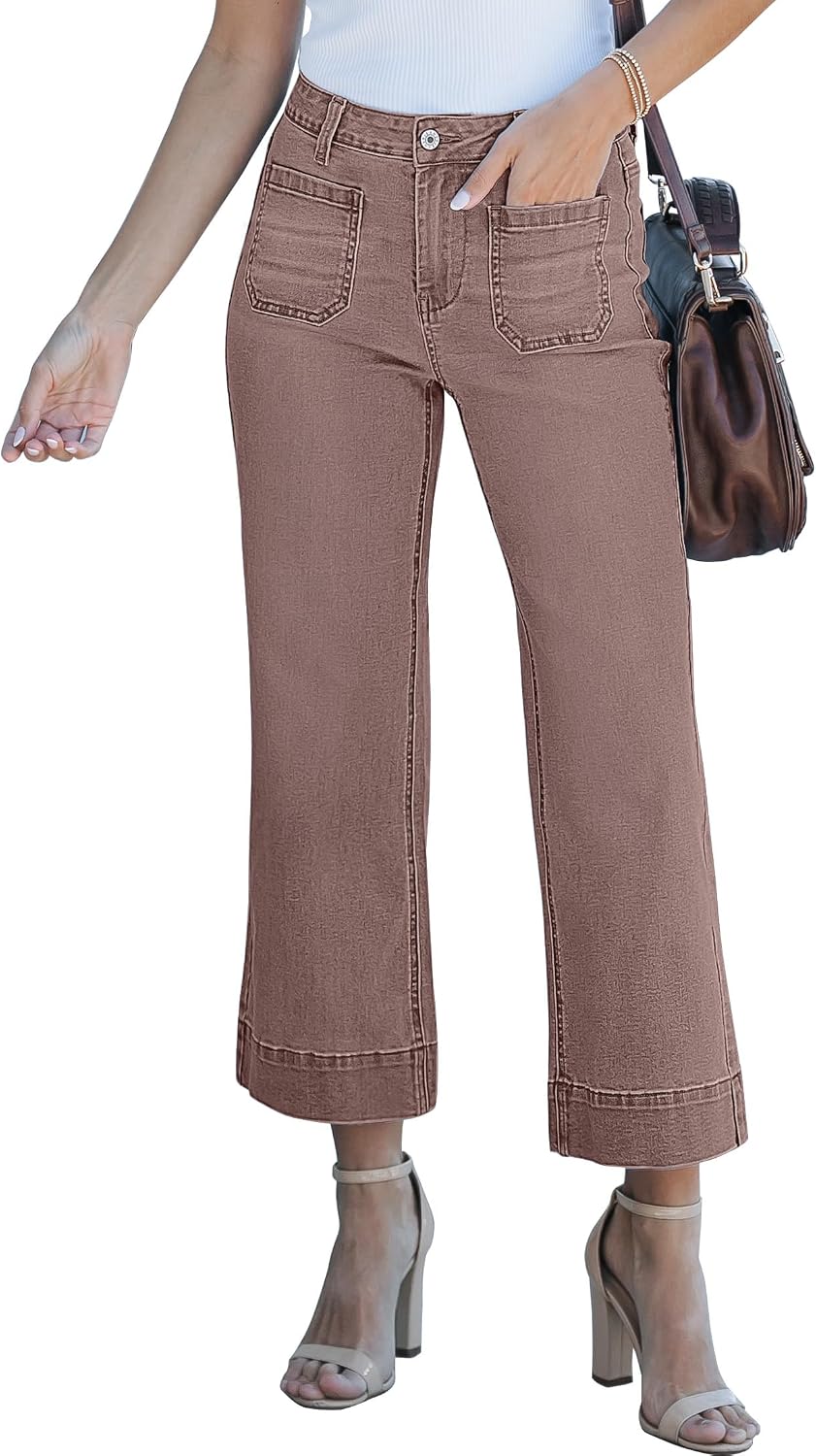 Corinne Women's High-Waisted Cropped Wide Leg Denim Jeans with Patch Pockets