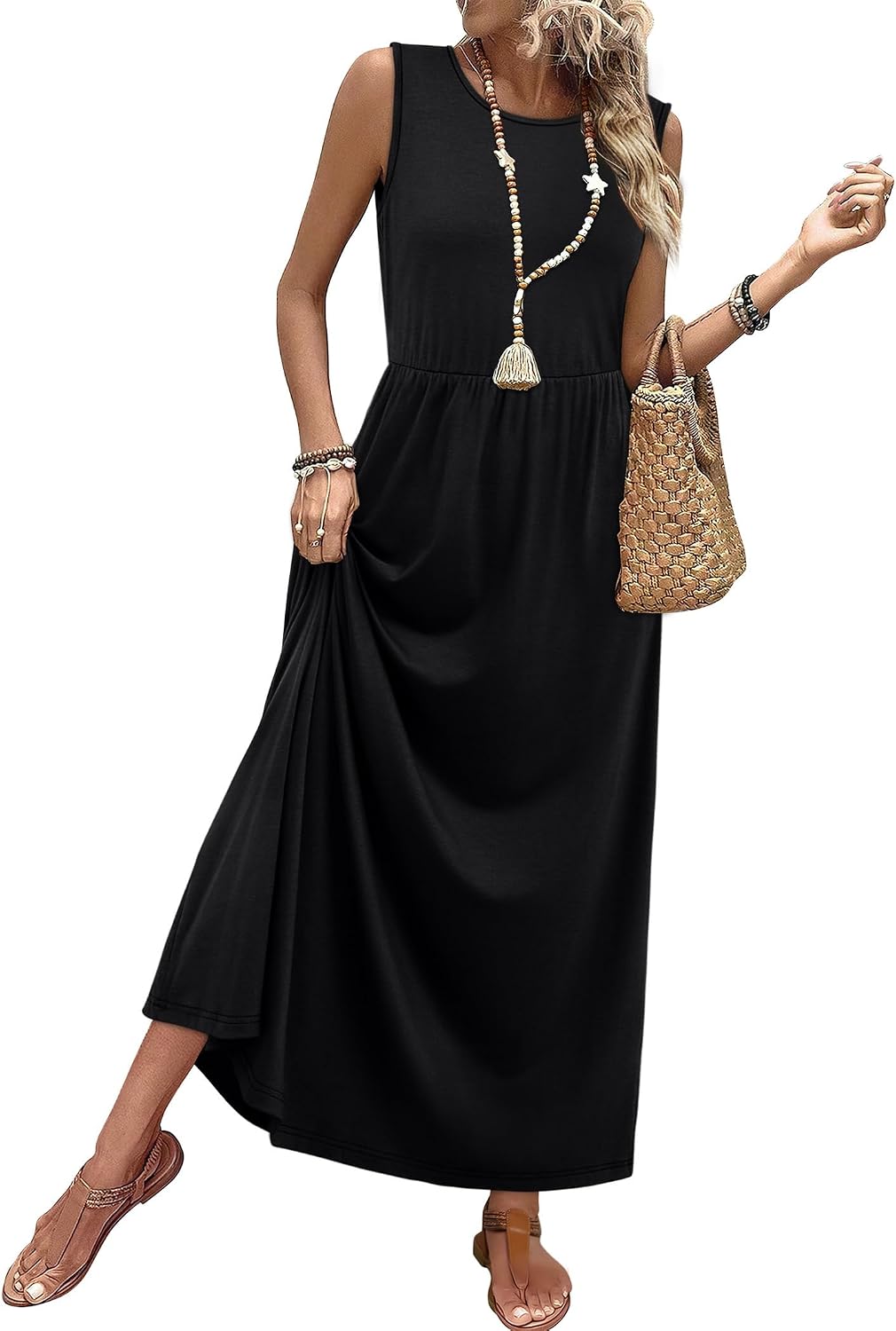 Anwen Floral Sleeveless A-Line Maxi Sundress with Hidden Pockets for Summer Escapes