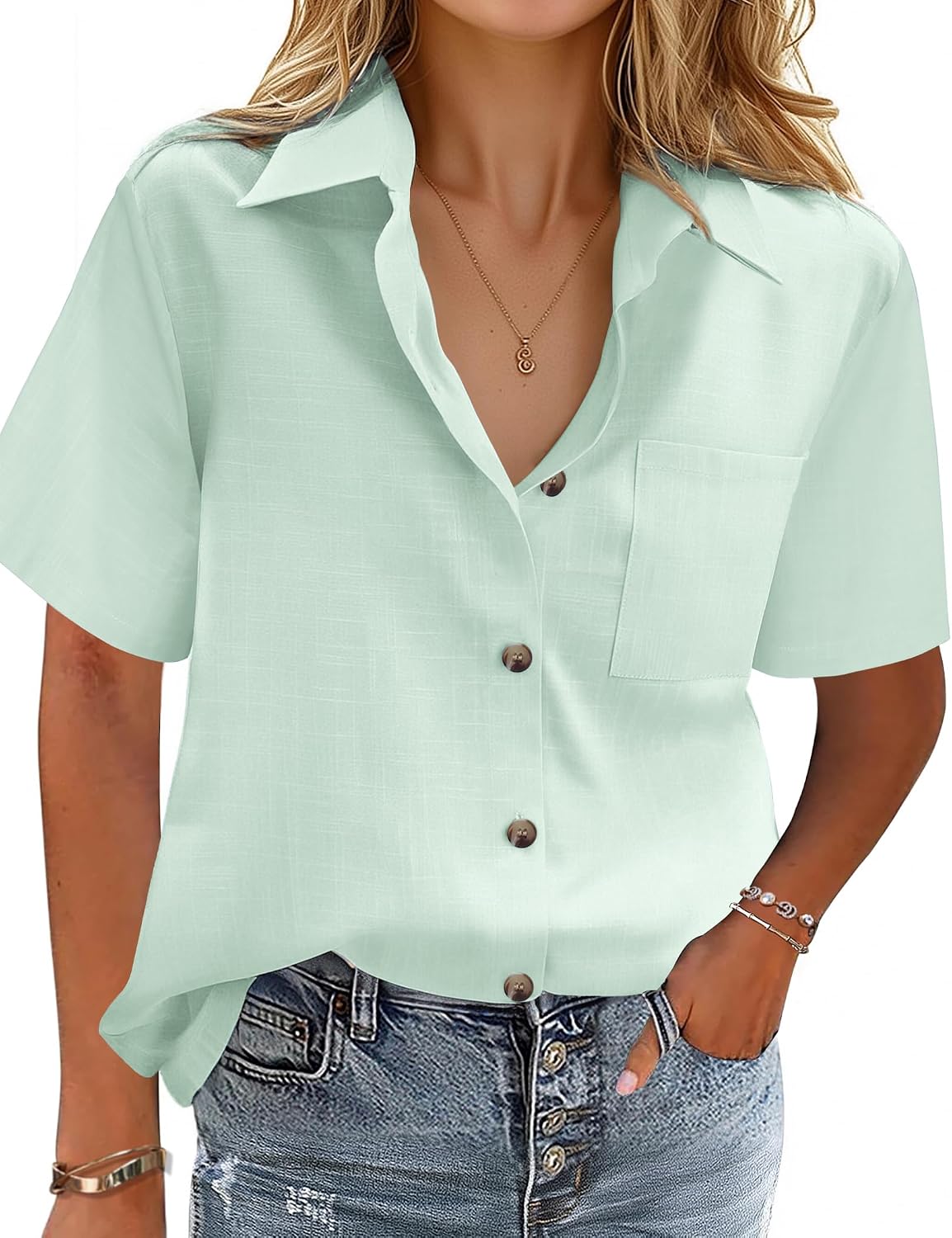 Ophelia - Printed Cotton Linen Short Sleeve Button Down Collared Summer Shirt for Women