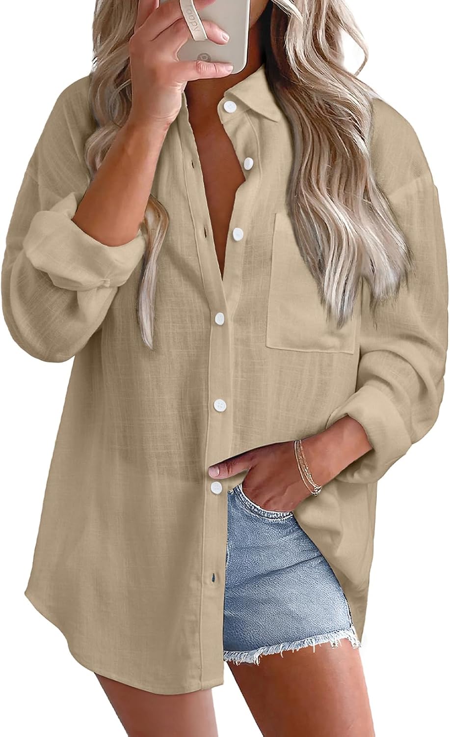 Freja Linen Blend Oversized Button-Down Roll Sleeve Collared Women's Relaxed Shirt Blouse