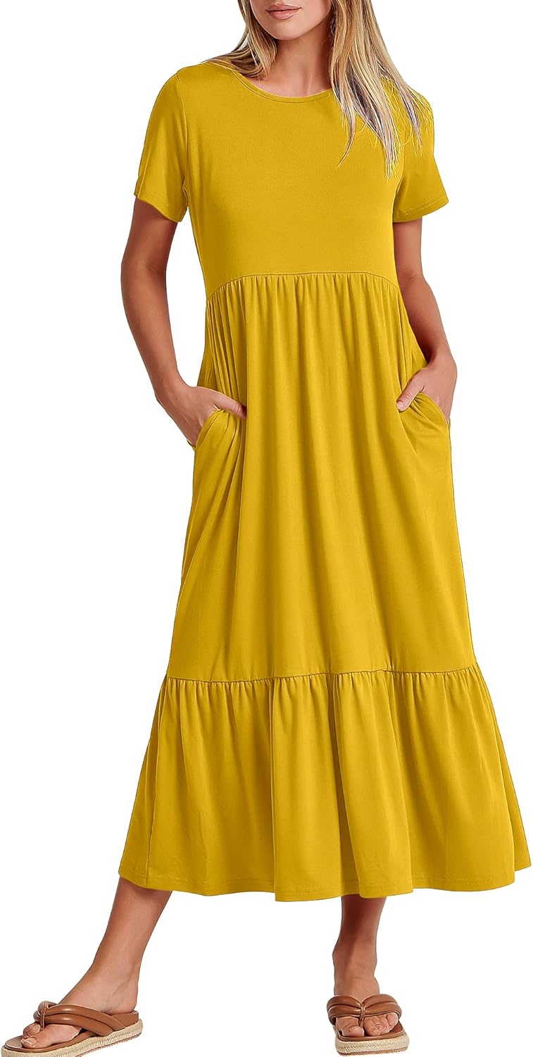 Brielle Women's Tiered Maxi Dress with Short Sleeves, Crew Neck & Side Pockets