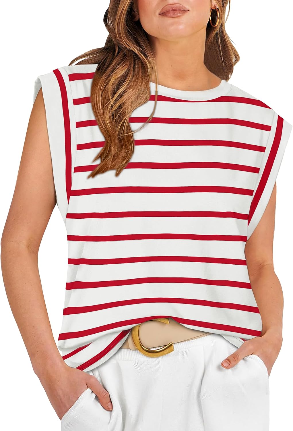Marielle Women's Cap Sleeve Crew Neck Top with Relaxed Fit Everyday Tee