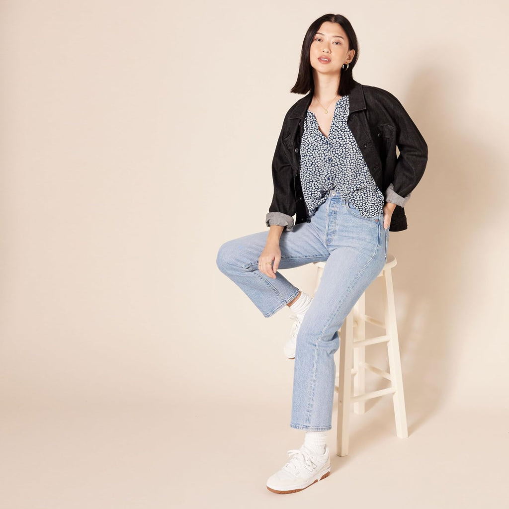 Aislynn Printed Short Sleeve Button Front V-Neck Viscose Blouse for Everyday Style