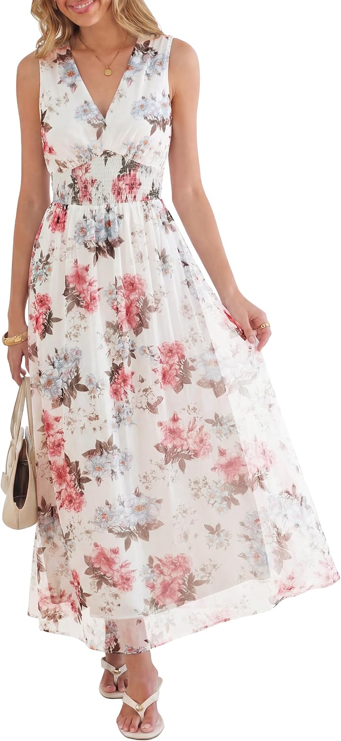 Rosalind Women's Floral Tulle Maxi Dress with V-Neck, Sleeveless A-Line Silhouette & Elastic Waist