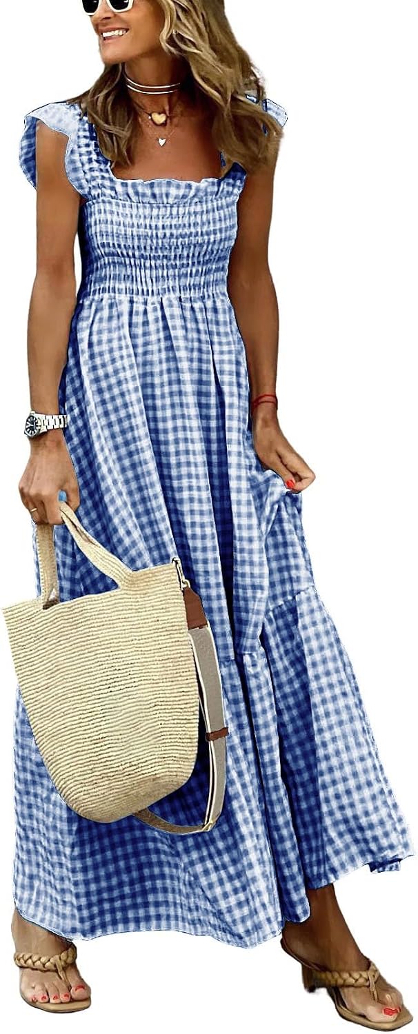 Genevieve Women's Plaid Smocked Midi Dress with Ruffle Straps, Square Neck & Pockets