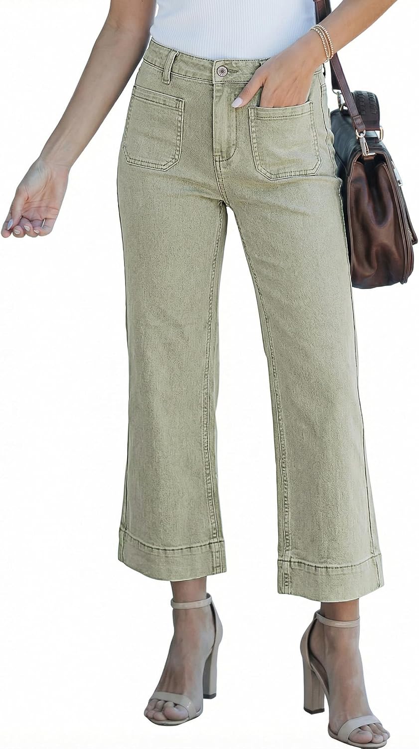 Corinne Women's High-Waisted Cropped Wide Leg Denim Jeans with Patch Pockets