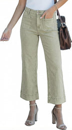 Corinne Women's High-Waisted Cropped Wide Leg Denim Jeans with Patch Pockets