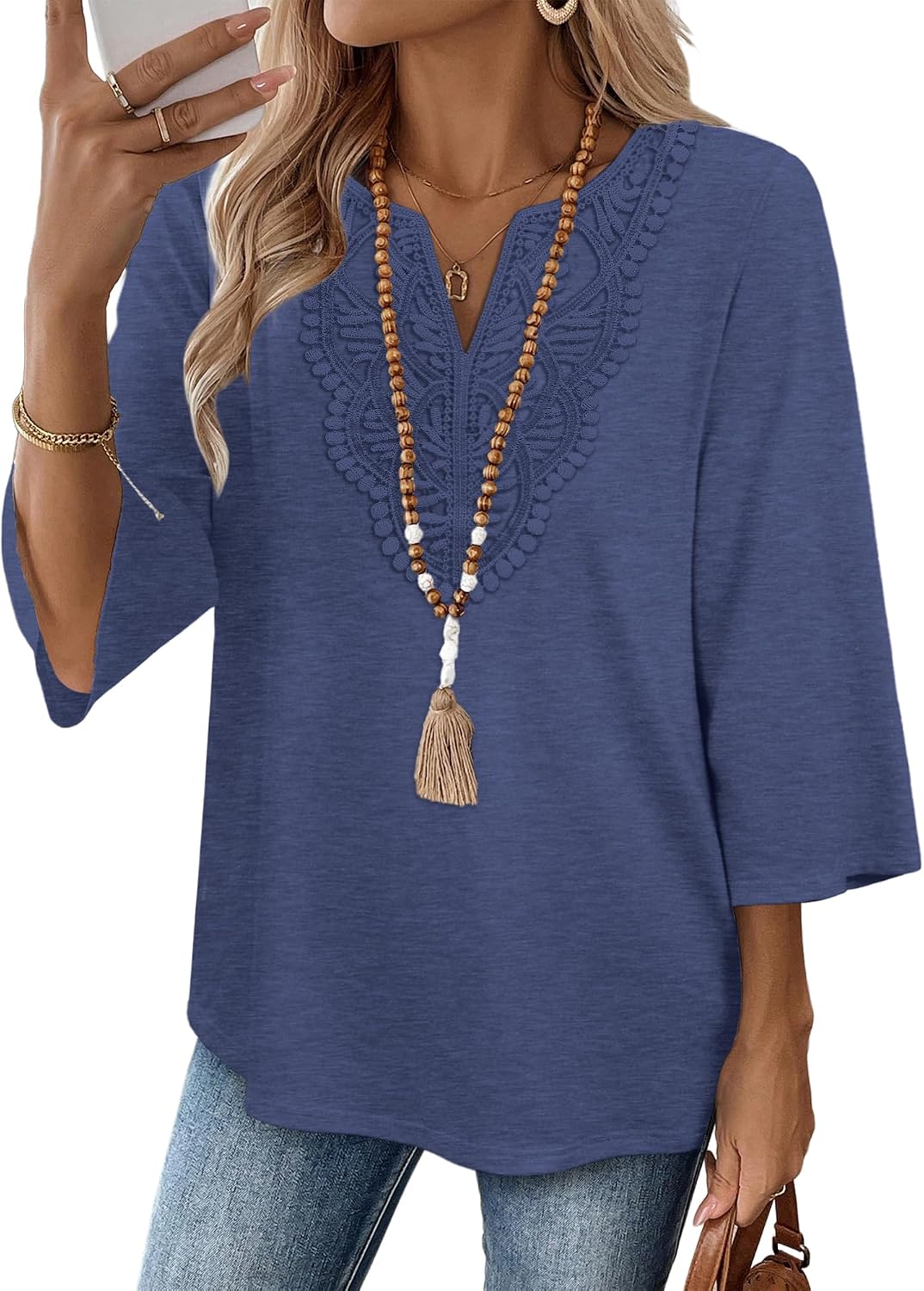 Elowise Women's Boho V-Neck Lace Blouse with 3/4 Sleeves & Curved Hem