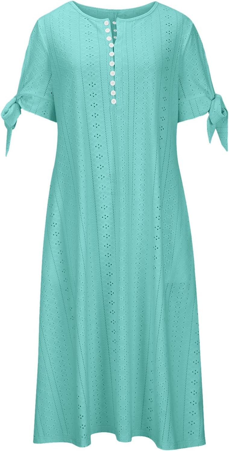 Elowyn Women's Eyelet Midi Dress with V-Neck, Decorative Buttons & Pockets