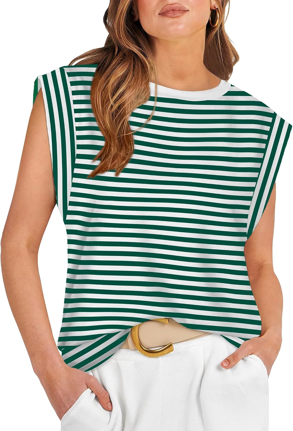 Marielle Women's Cap Sleeve Crew Neck Top with Relaxed Fit Everyday Tee
