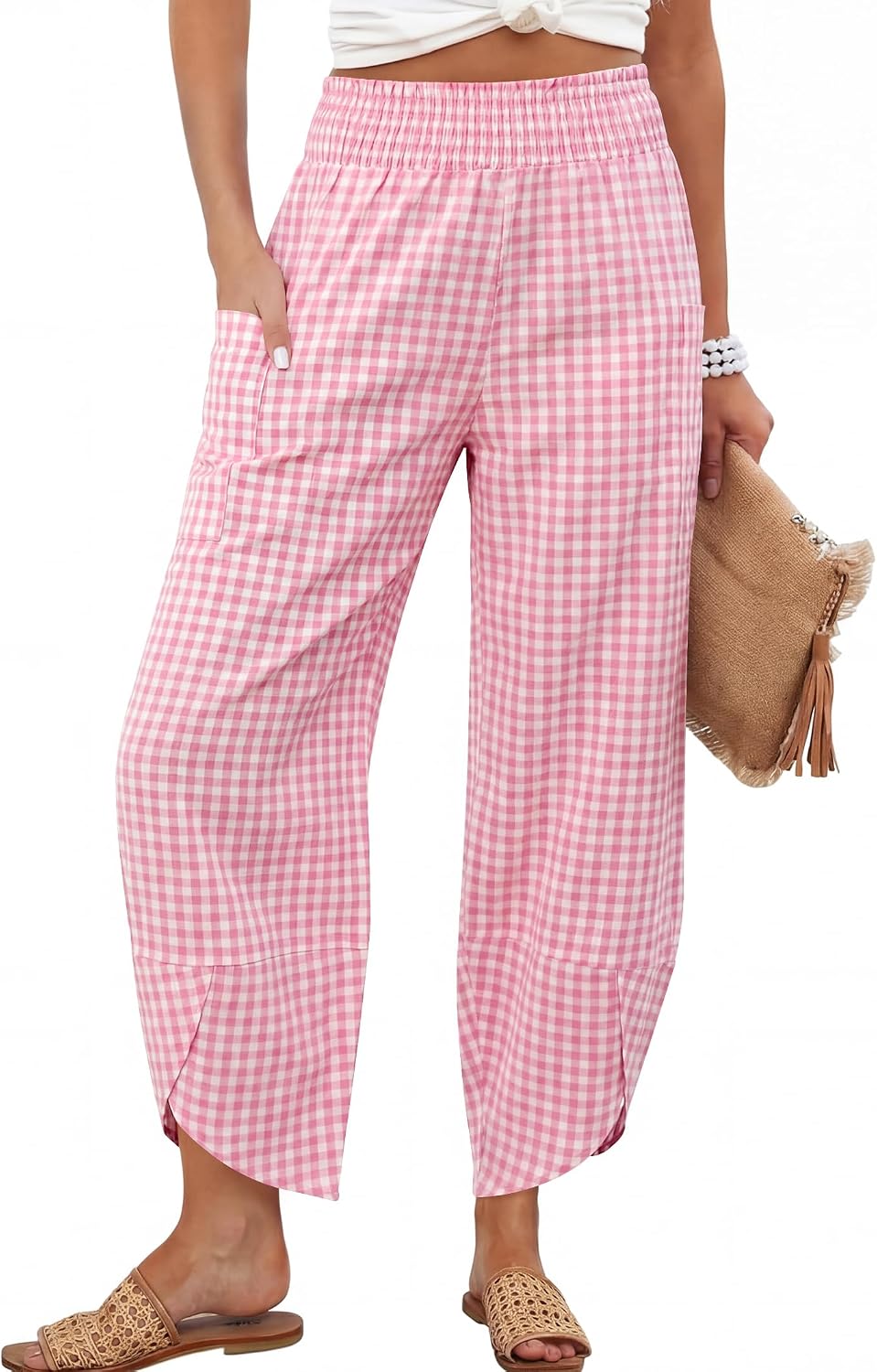Maëlys Women's Smocked Waist Barrel Leg Cropped Pants with Utility Pockets