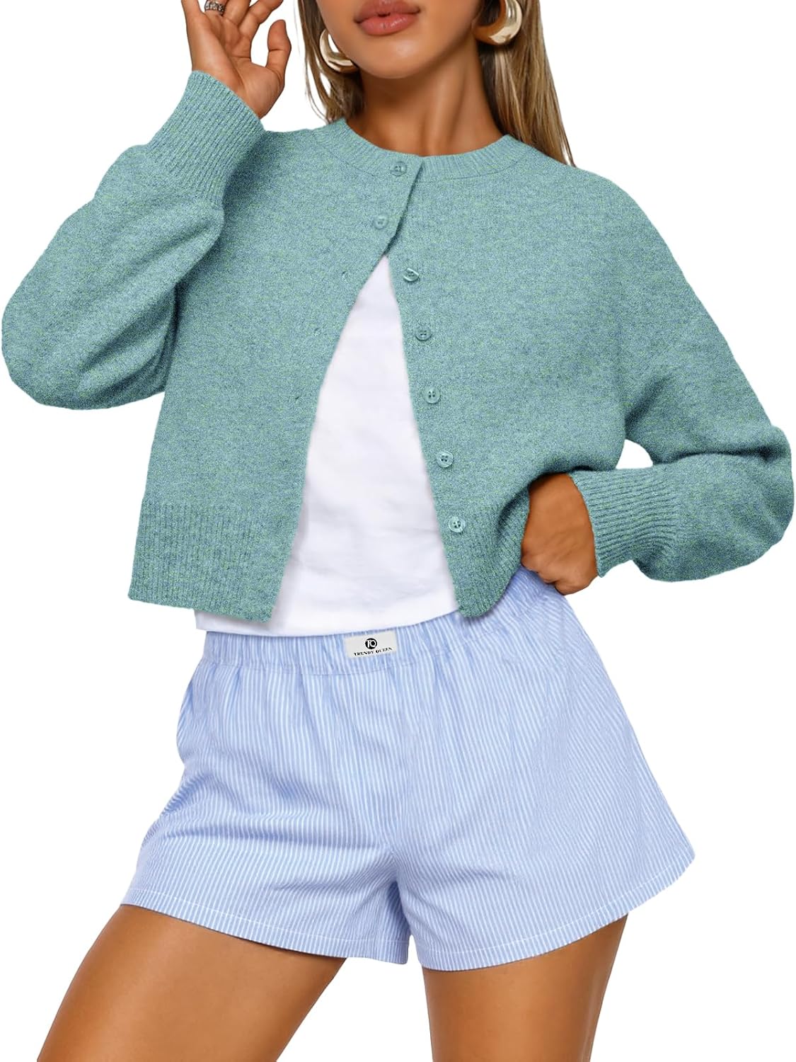 Marielle Cropped Knitted Cardigan with Crew Neck Button Front Lightweight Sweater