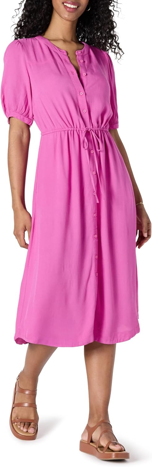 Sylviane Women's Button-Front Midi Dress with Drawstring Waist & Half Sleeves