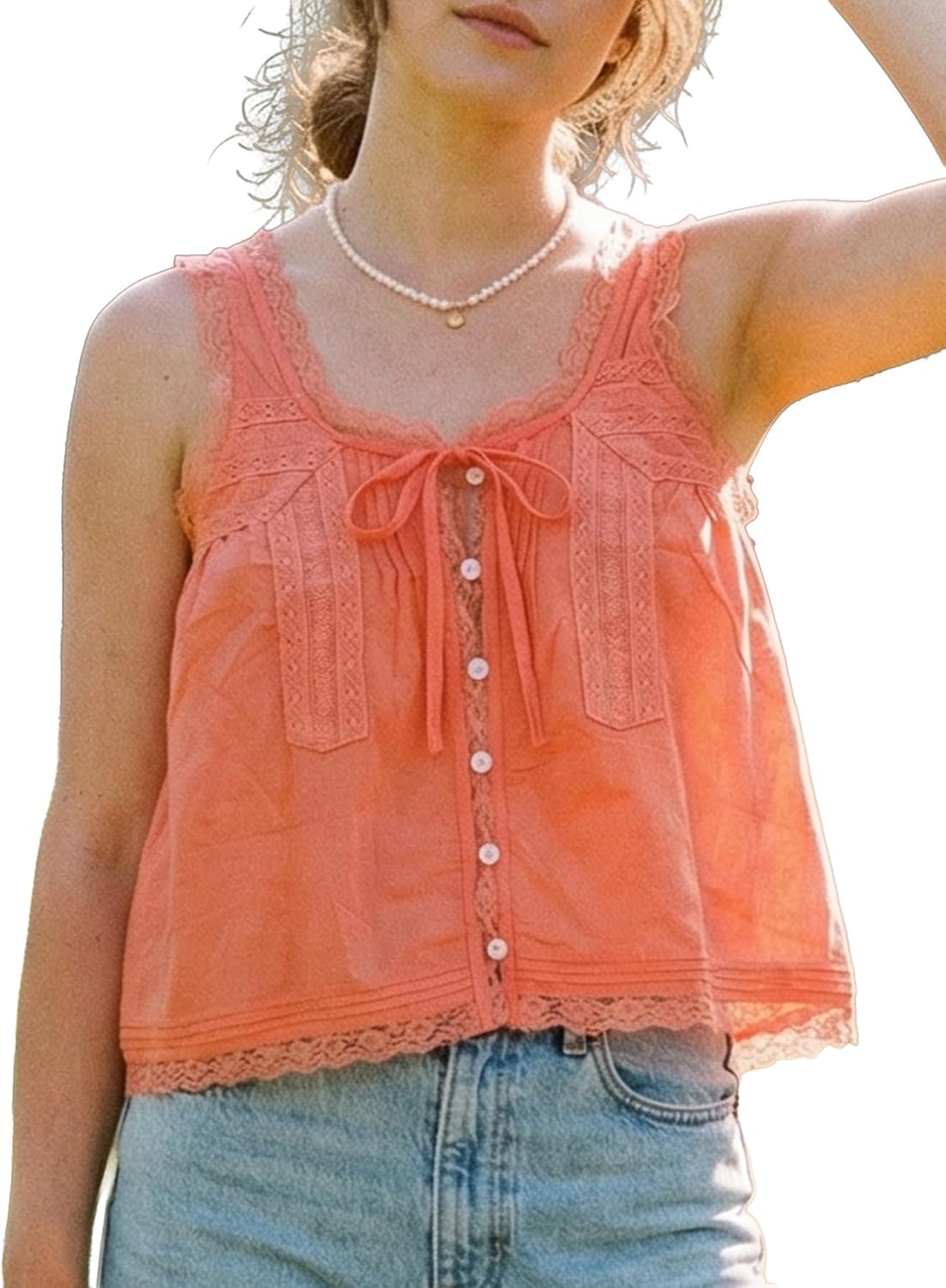 Isabeau Women's Boho Lace Tie-Front Crop Top with Ruffle Trim & Sleeveless Design