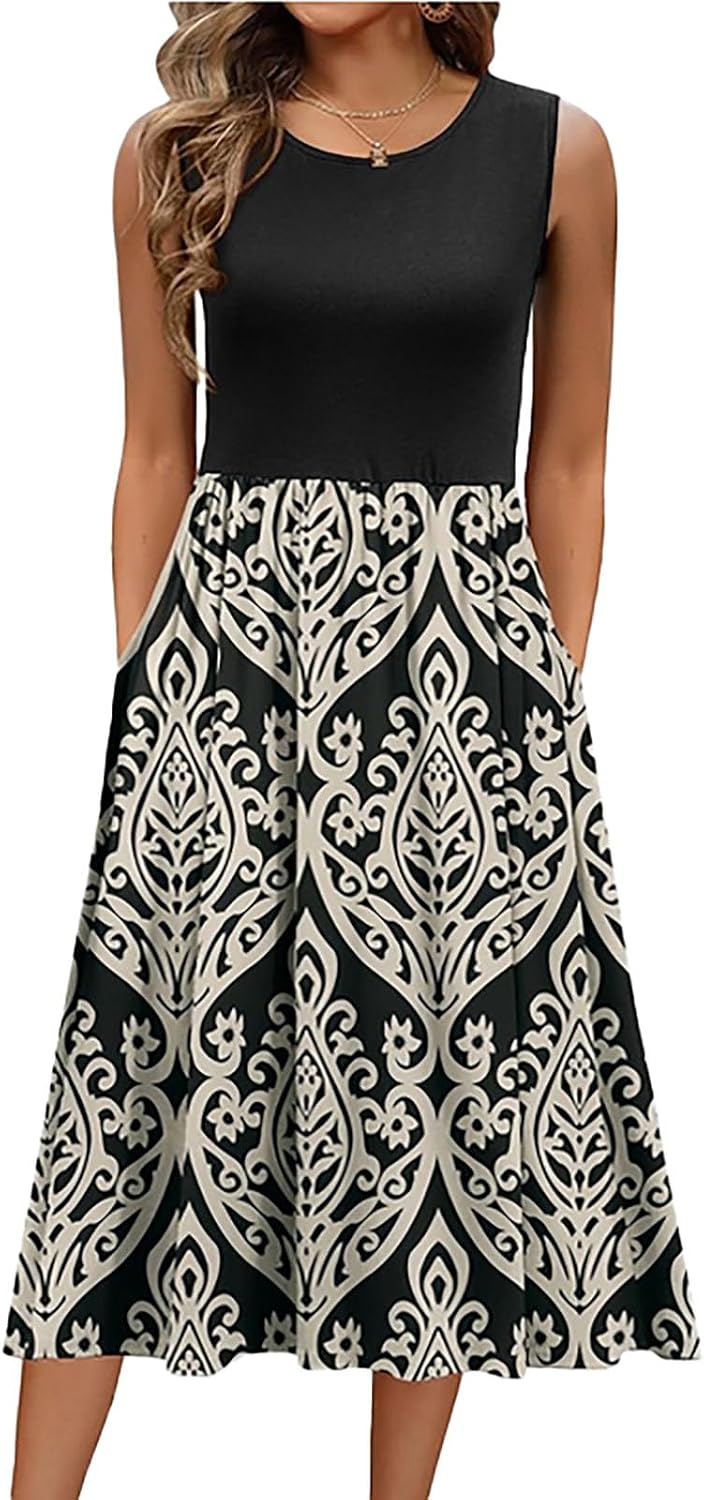 Evangeline Women's Sleeveless Botanical Print A-Line Midi Dress with Pockets