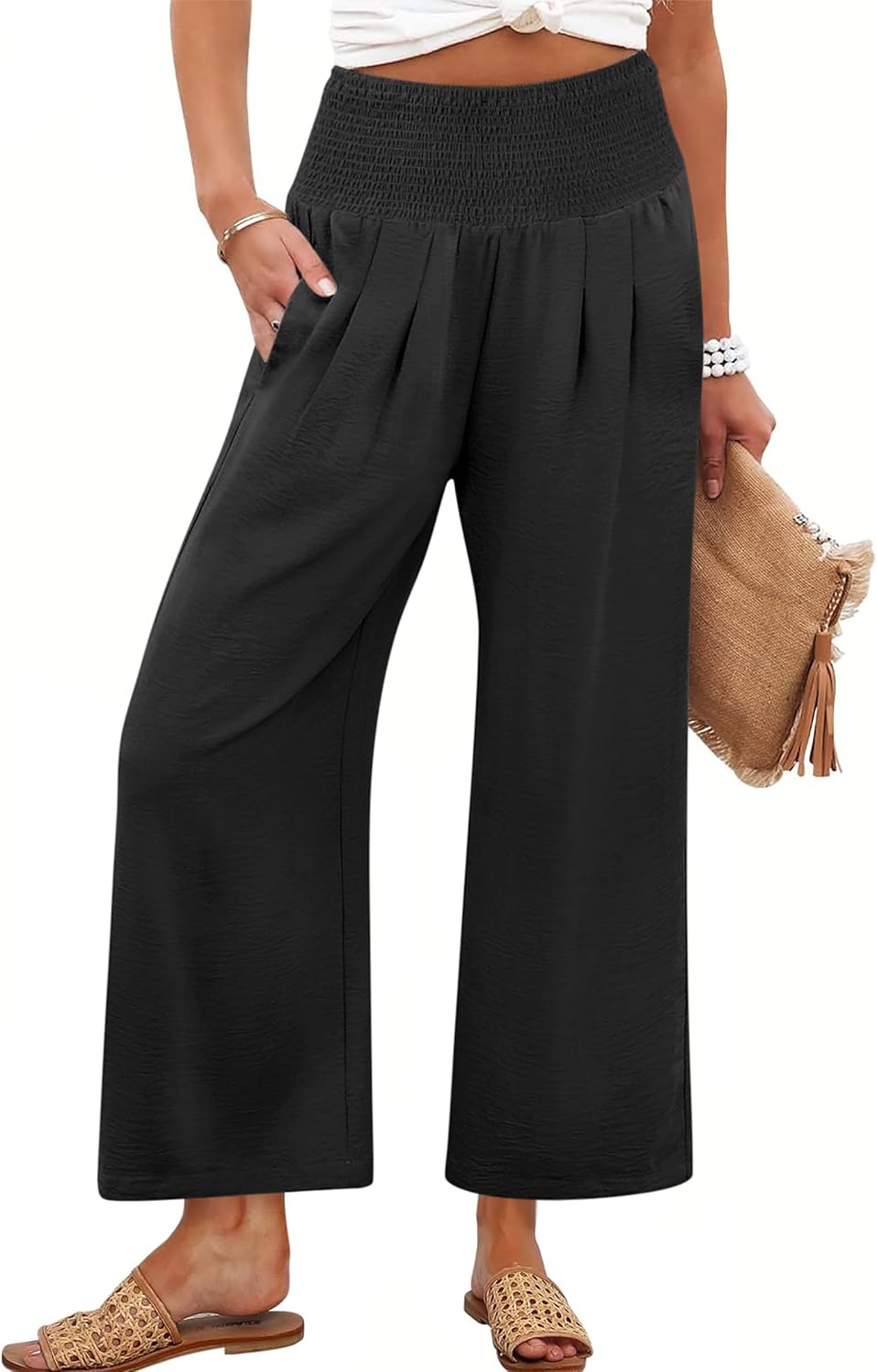 Bria - Wide Leg Palazzo Pants with Smocked High Waist, Pockets and Lightweight Fabric