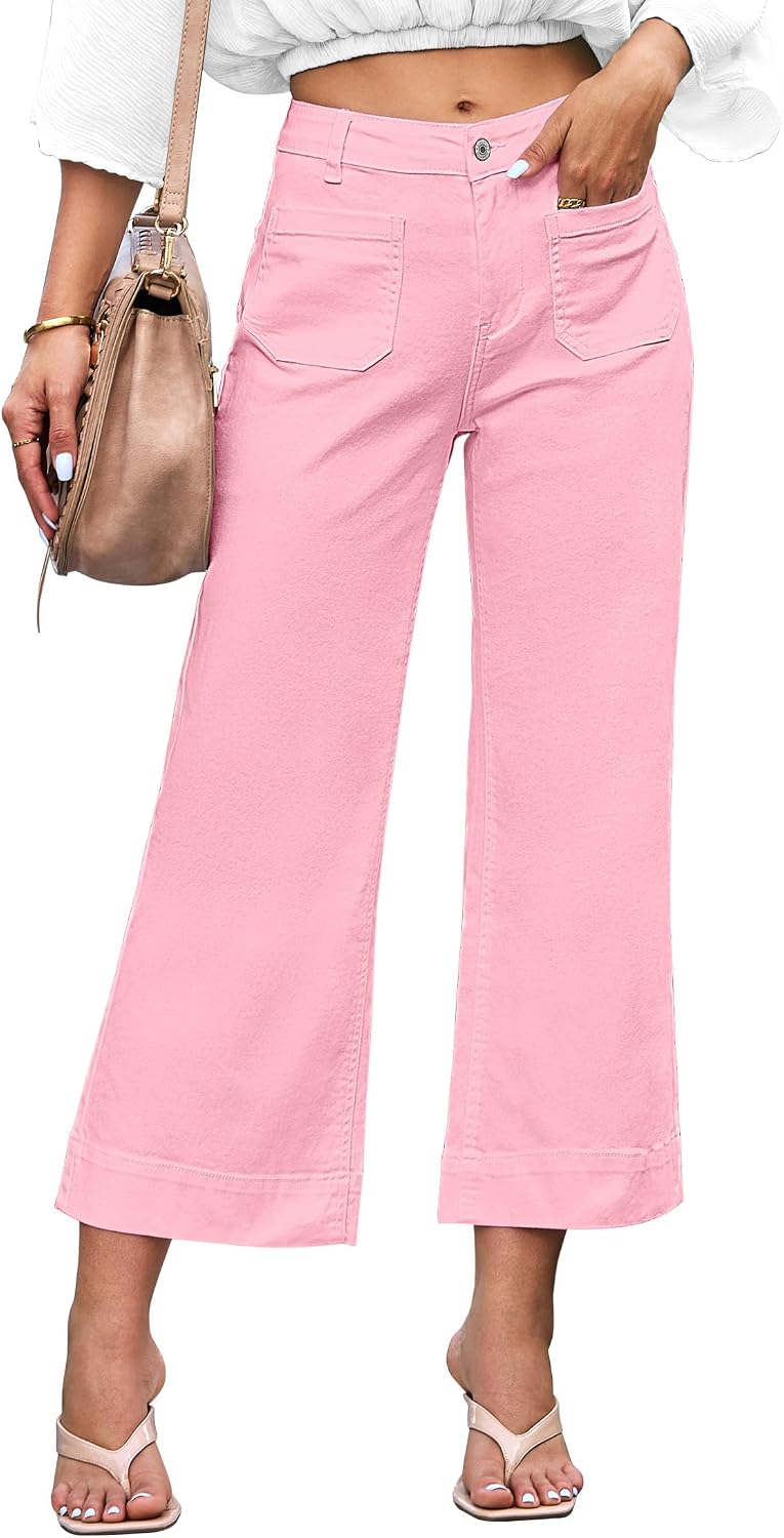 Corinne Women's High-Waisted Cropped Wide Leg Denim Jeans with Patch Pockets
