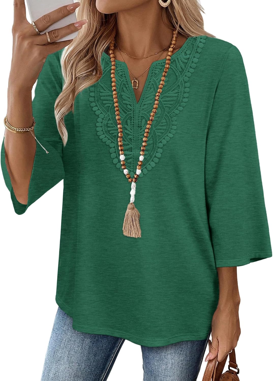 Elowise Women's Boho V-Neck Lace Blouse with 3/4 Sleeves & Curved Hem