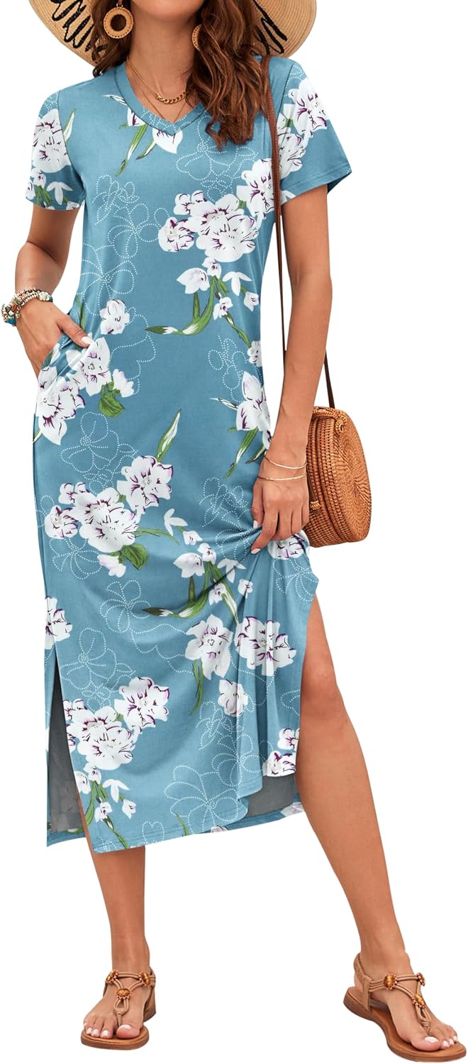 Celestia Women's Printed V-Neck Maxi Dress with Side Slits & Pockets