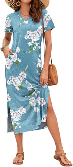 Celestia Women's Printed V-Neck Maxi Dress with Side Slits & Pockets