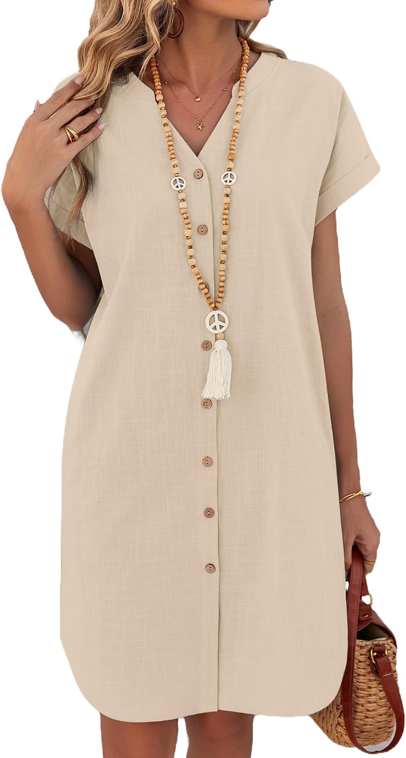 Isolde Cotton Linen Summer Shirt Dress with Short Sleeves, Buttons and Pockets