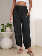 Maëlys Women's Smocked Waist Barrel Leg Cropped Pants with Utility Pockets