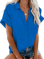 Princess - Oversized Cotton Button Down Short Sleeve Collared Summer Shirt for Women