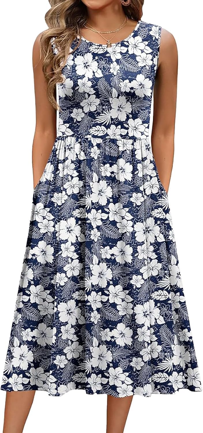Evangeline Women's Sleeveless Botanical Print A-Line Midi Dress with Pockets