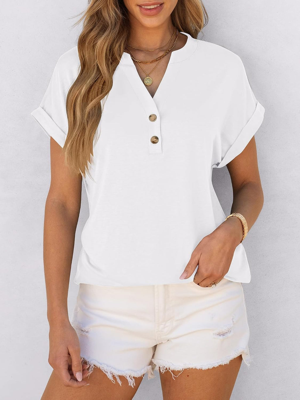 Colette Women's Henley V-Neck Tunic Top with Short Sleeves & Button Detail