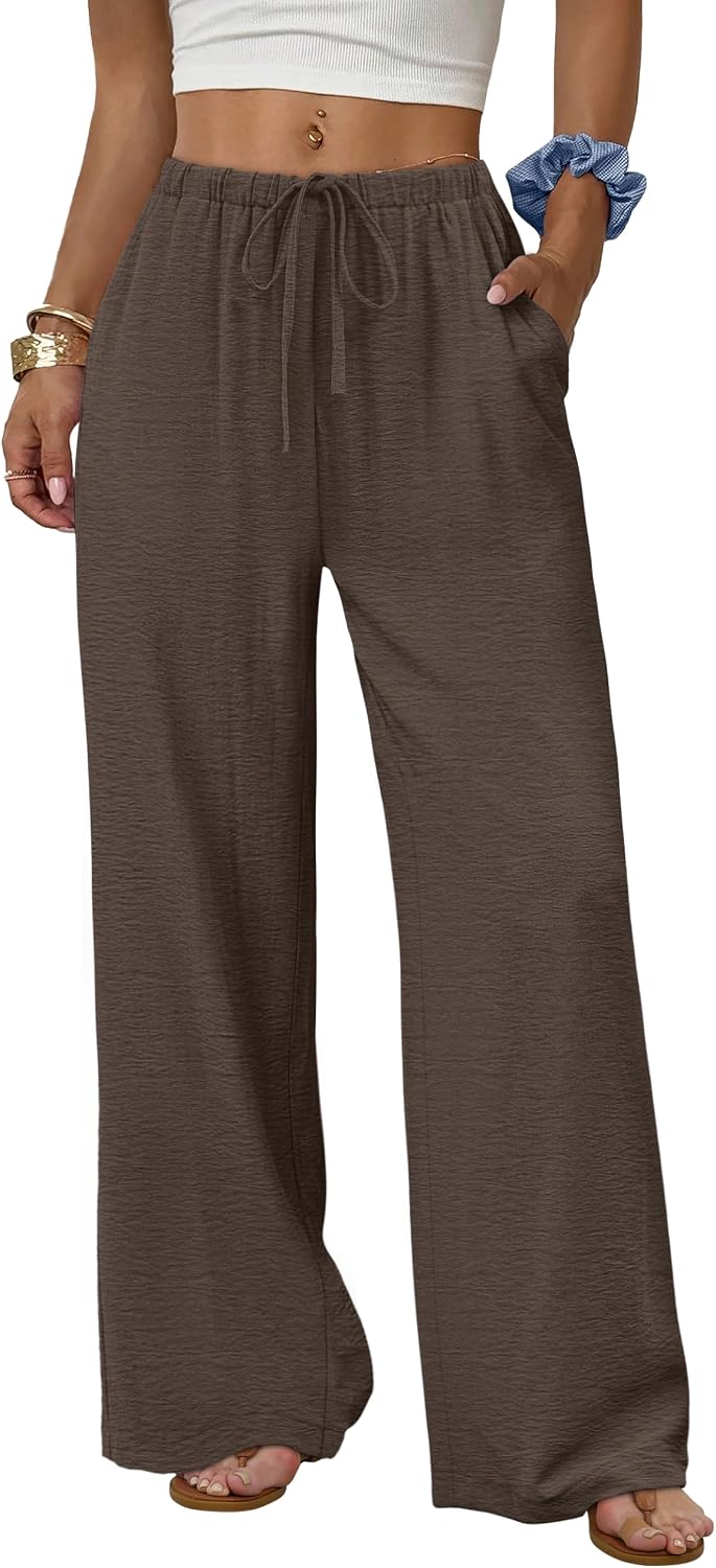 Eliska Wide Leg Drawstring Summer Trousers with Elastic Waist and Side Pockets