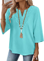 Elowise Women's Boho V-Neck Lace Blouse with 3/4 Sleeves & Curved Hem