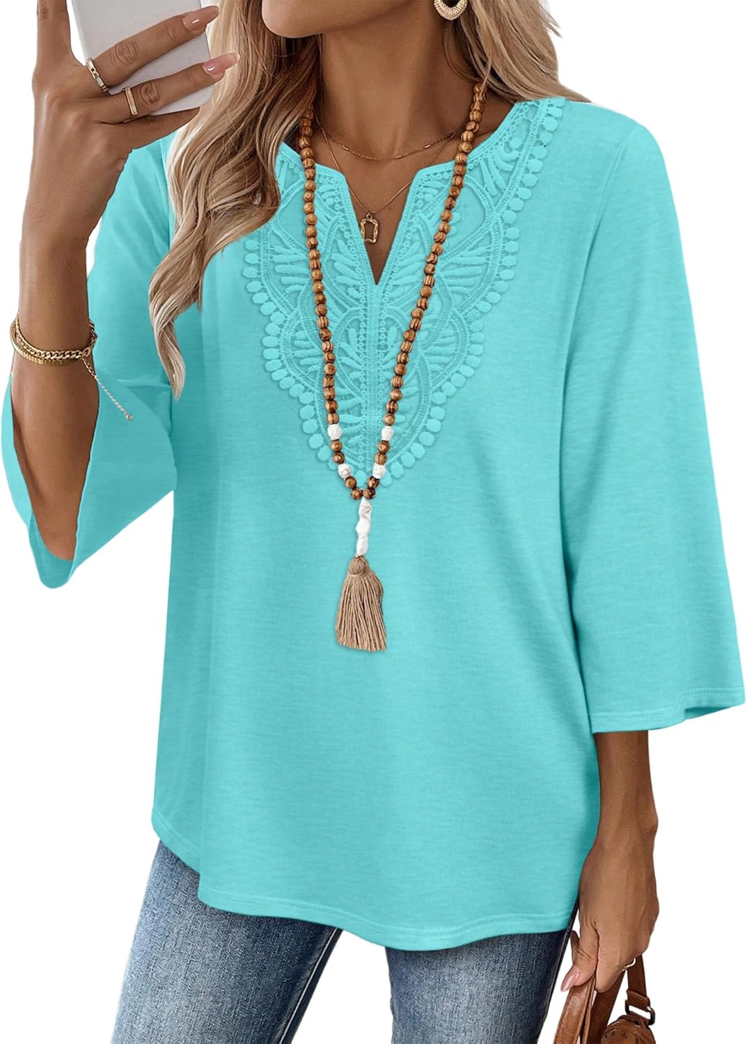 Elowise Women's Boho V-Neck Lace Blouse with 3/4 Sleeves & Curved Hem