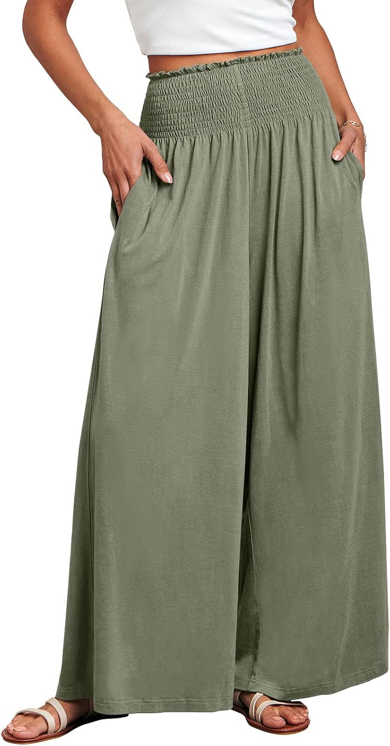 Fatima - Smocked High Waist Wide Leg Palazzo Pants with Pockets and Relaxed Fit
