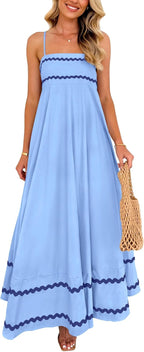 Ysabelle Spaghetti Strap Boho Maxi Dress with Square Neck and Contrast Trim Details