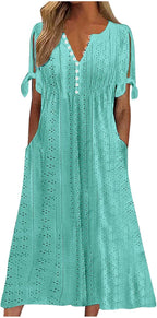 Elowyn Women's Eyelet Midi Dress with V-Neck, Decorative Buttons & Pockets